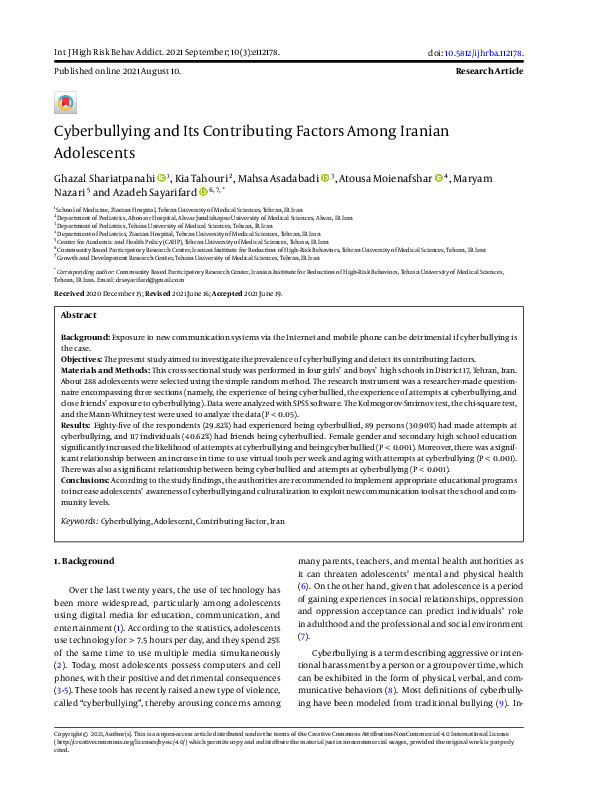 (PDF) Cyberbullying and Its Contributing Factors Among Iranian Adolescents