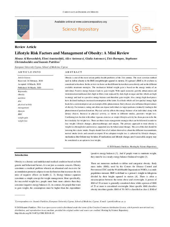 (PDF) Lifestyle Risk Factors and Management of Obesity: A Mini Review