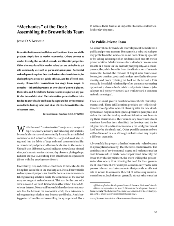 (PDF) “Mechanics” of the Deal Assembling the Brownfields Team Jesse Silverstein Academia.edu