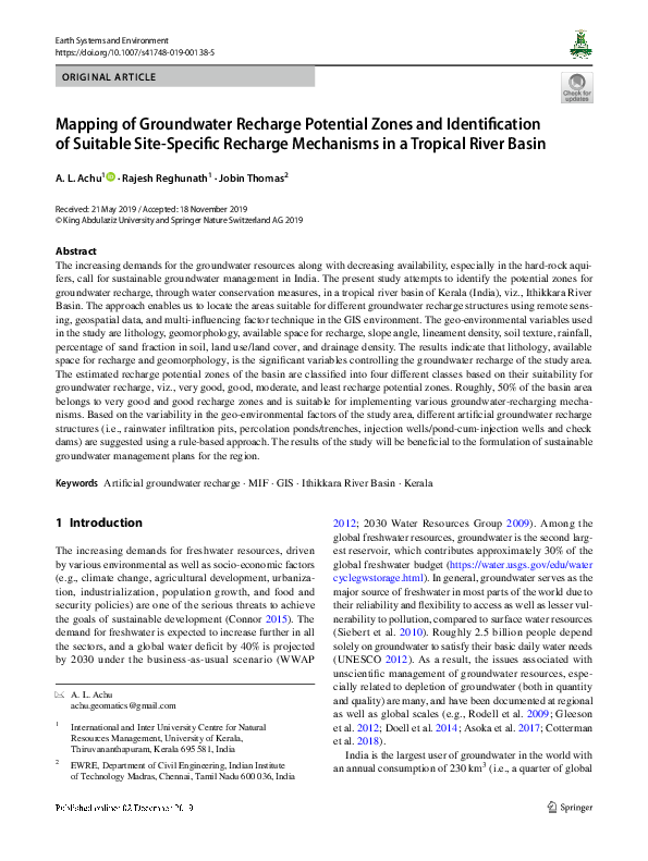 (PDF) Mapping of Groundwater Recharge Potential Zones and ...