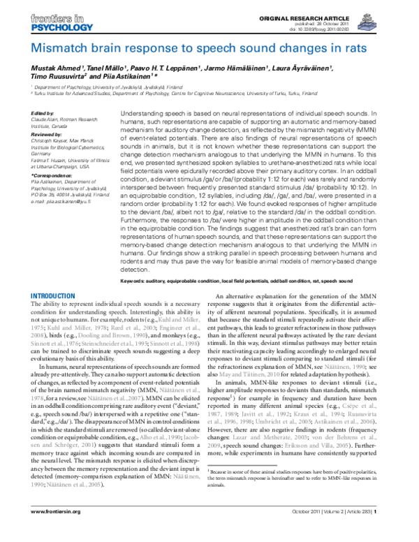 (PDF) Mismatch brain response to speech sound changes in rats