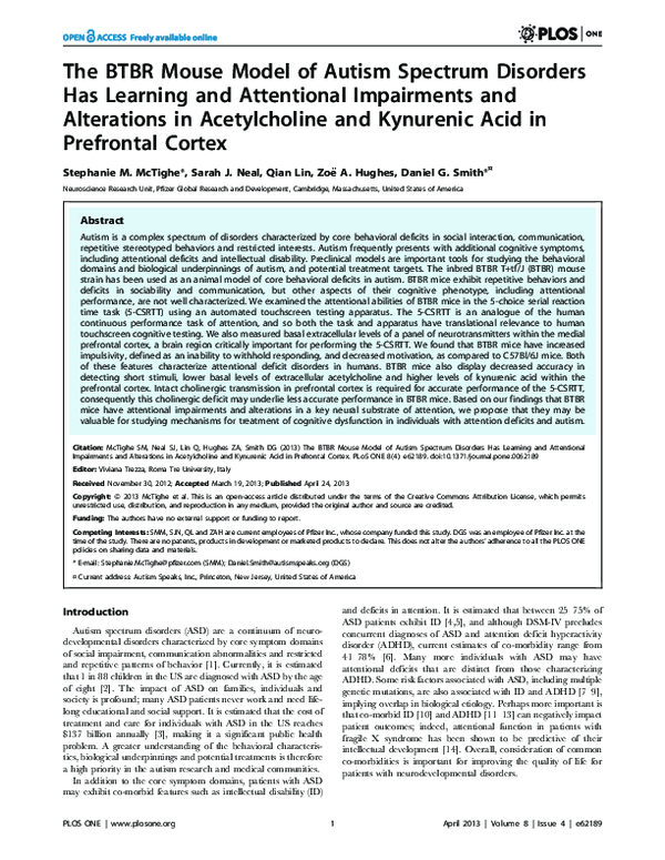 (PDF) The BTBR Mouse Model of Autism Spectrum Disorders Has Learning