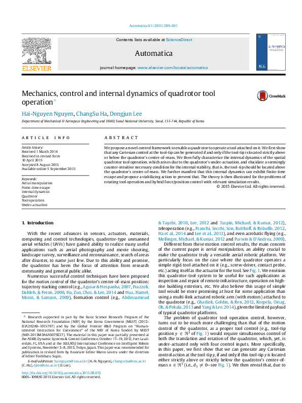 (PDF) Mechanics, control and internal dynamics of quadrotor tool operation