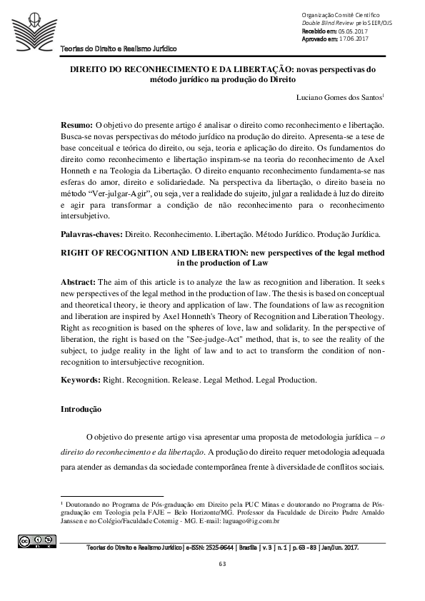 (PDF) DIREITO DO RECONHECIMENTO E DA LIBERTAÇÃO: novas perspectivas do ...