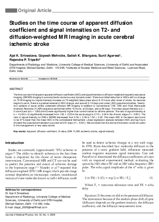 (PDF) Studies on the time course of apparent diffusion coefficient and ...