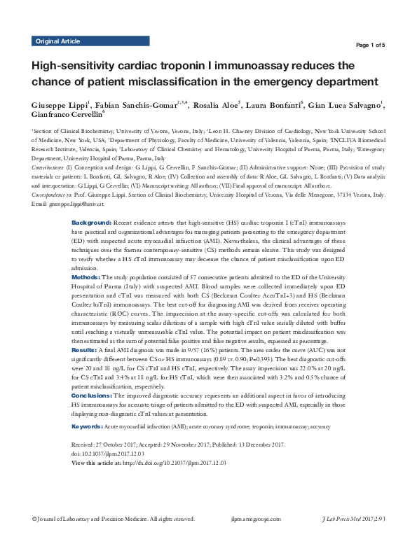 (PDF) High-sensitivity cardiac troponin I immunoassay reduces the ...