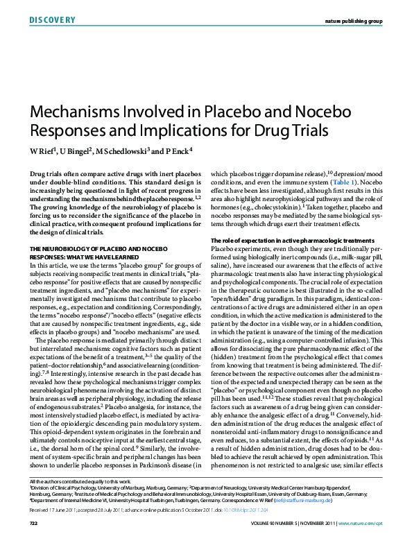(PDF) Mechanisms involved in placebo and nocebo responses and ...