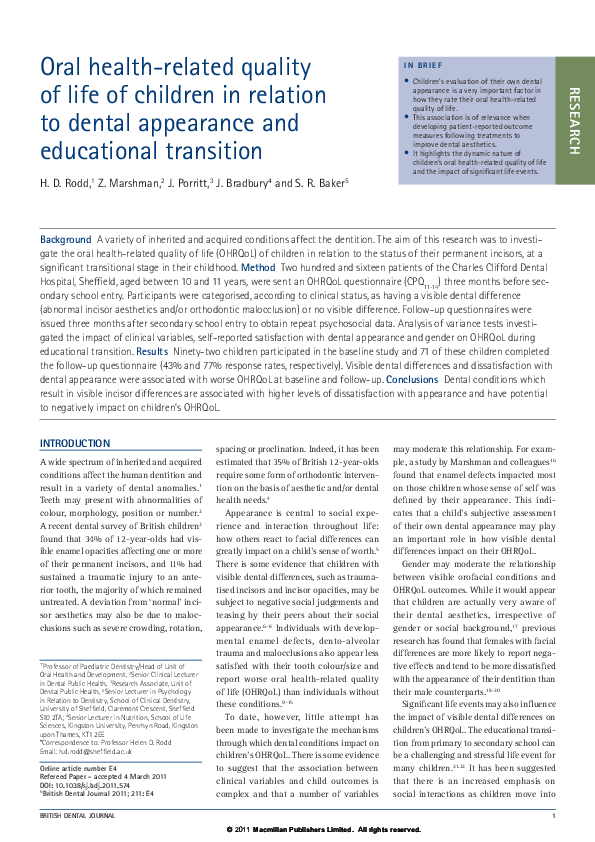(PDF) Oral health-related quality of life of children in relation to ...