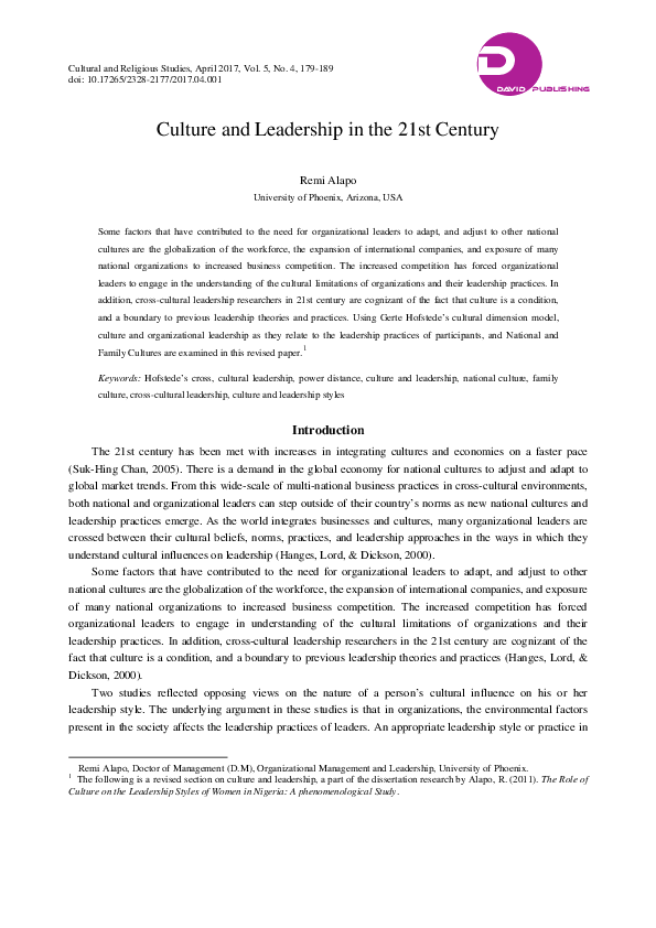 (PDF) Culture and Leadership in the 21st Century