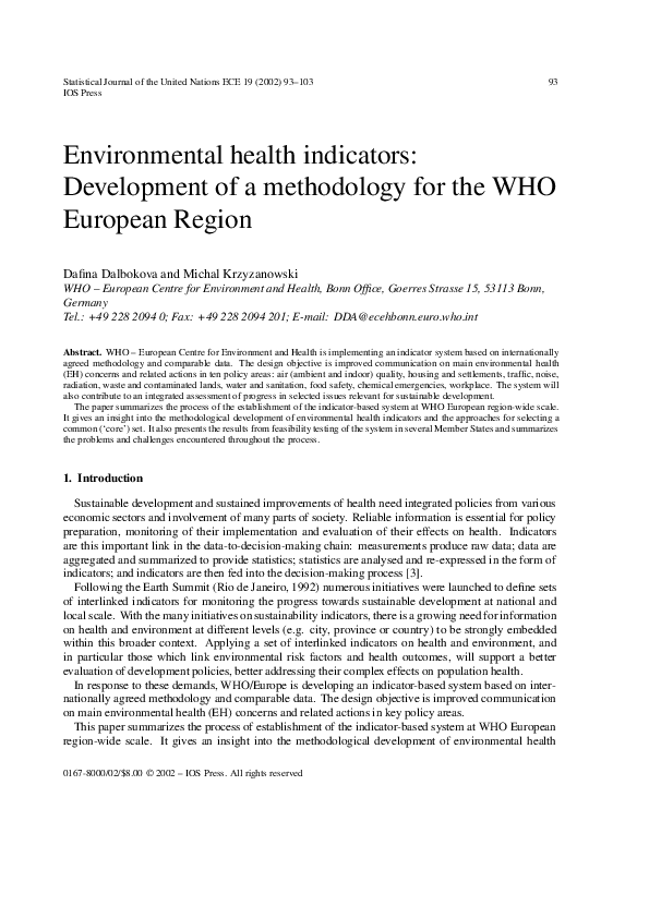 Environmental health indicators: Development of a methodology for the WHO European Region