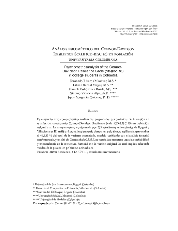 (PDF) Psychometric analysis of the ConnorDavidson Resilience Sacle (CD ...