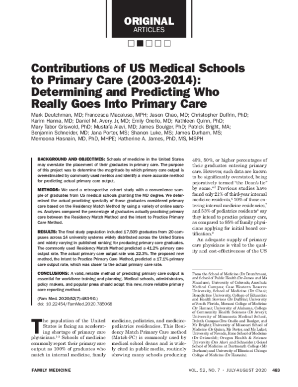 (PDF) Contributions of US Medical Schools to Primary Care (2003-2014 ...