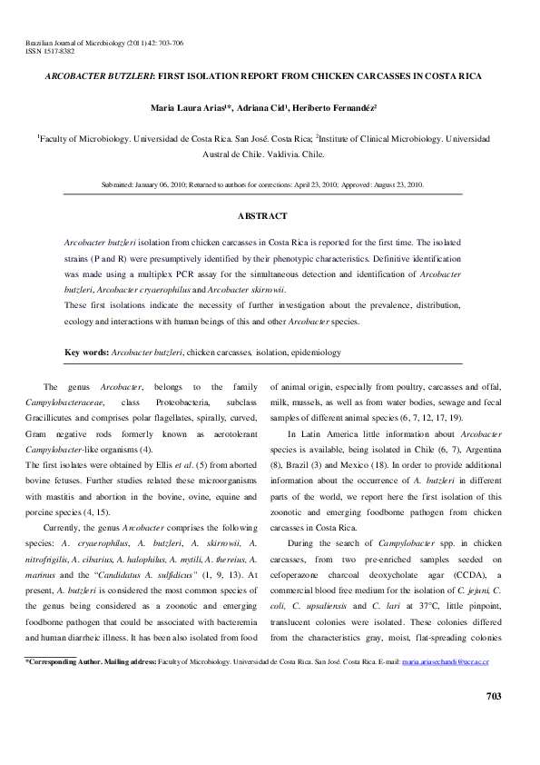 (PDF) Arcobacter butzleri: first isolation report from chicken ...