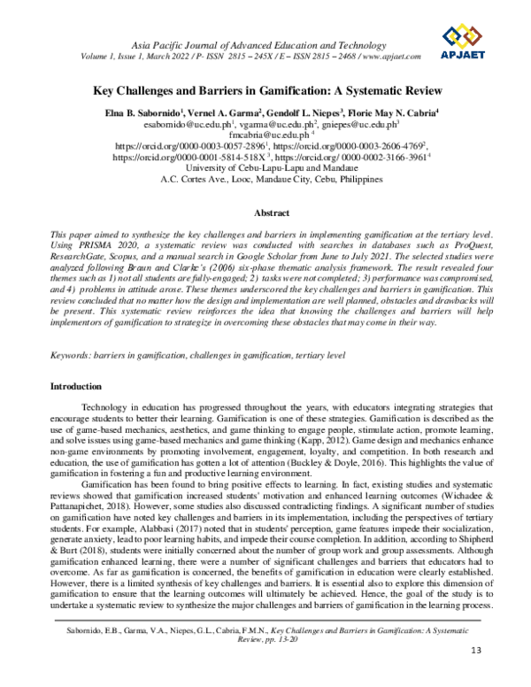 (PDF) Key Challenges and Barriers in Gamification: A Systematic Review