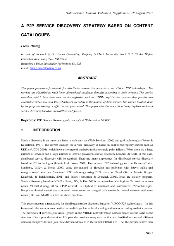 (PDF) A P2P Service Discovery Strategy Based on Content Catalogues