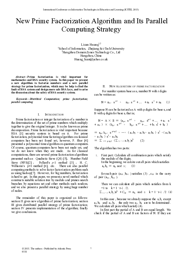 (PDF) New Prime Factorization Algorithm and Its Parallel Computing Strategy