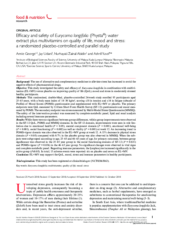 (PDF) Efficacy and safety of Eurycoma longifolia (Physta®) water ...