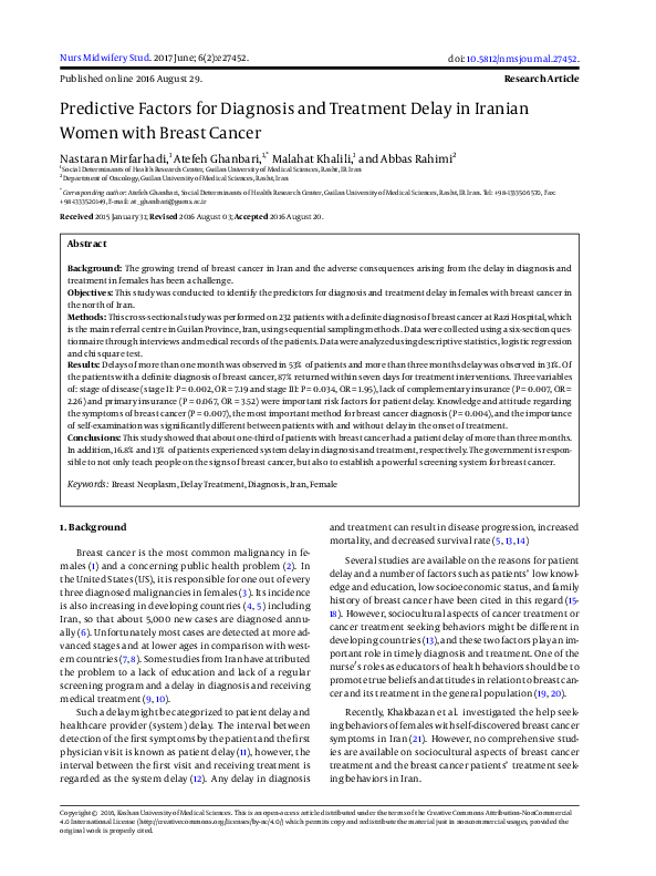 (PDF) Predictive Factors for Diagnosis and Treatment Delay in Iranian ...