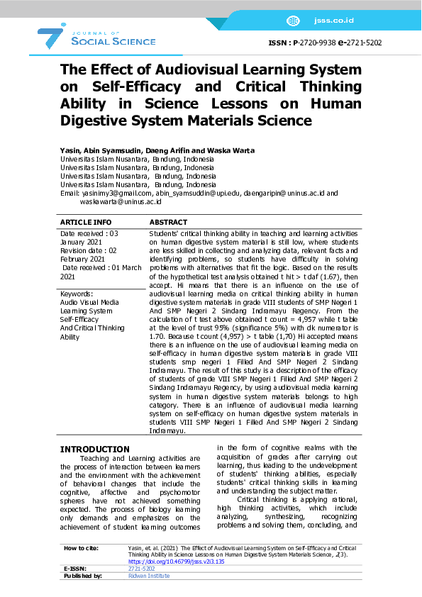 (PDF) The Effect of Audiovisual Learning System on Self-Efficacy and ...