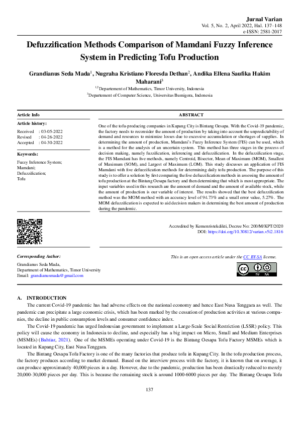 (PDF) The Defuzzification Methods Comparison of Mamdani Fuzzy Inference ...