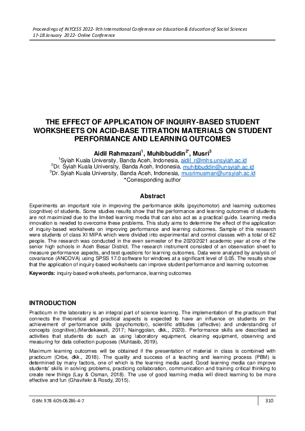 (PDF) The Effect of Application of Inquiry-Based Student Worksheets on ...