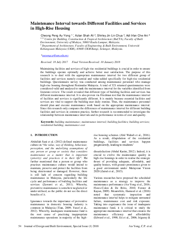 (PDF) Maintenance Interval towards Different Facilities and Services in