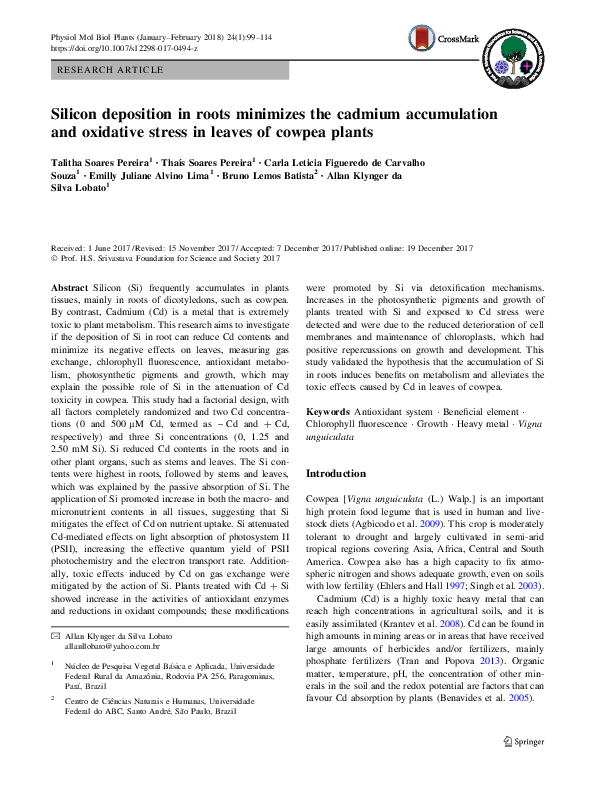 (PDF) Silicon deposition in roots minimizes the cadmium accumulation ...