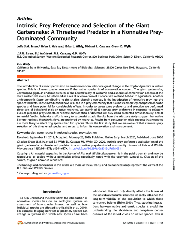 (PDF) Intrinsic Prey Preference and Selection of the Giant Gartersnake ...