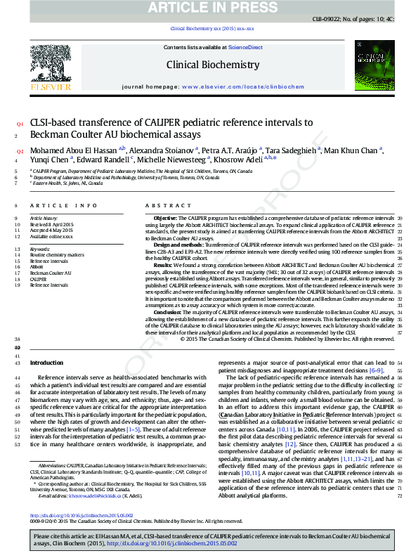 (PDF) CLSIbased transference of CALIPER pediatric reference intervals