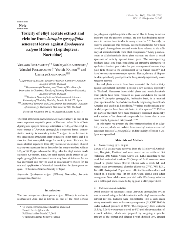 Toxicity of ethyl acetate extract and ricinine from Jatropha gossypifolia senescent leaves against Spodoptera exigua Hübner (Lepidoptera: Noctuidae)