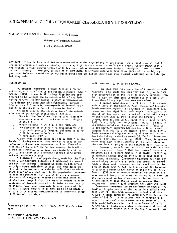 (PDF) A Reappraisal of the Seismic Risk Classification of Colorado