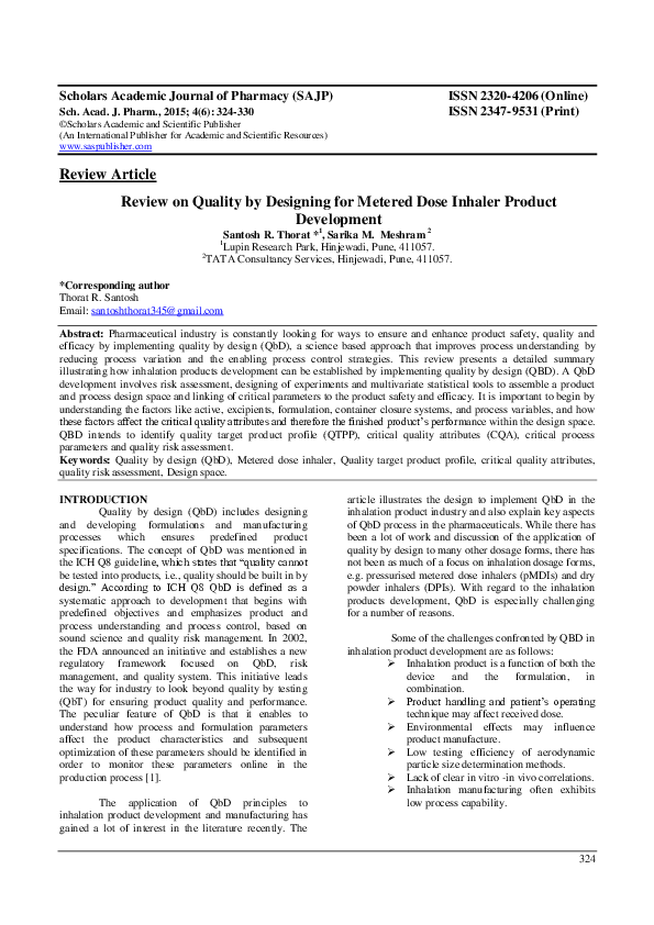 (PDF) Review on Quality by Designing for Metered Dose Inhaler Product ...