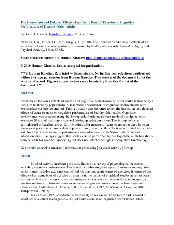 (PDF) The Immediate and Delayed Effects of an Acute Bout of Exercise on ...