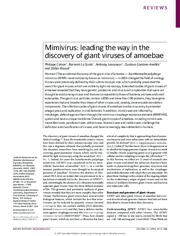 (PDF) Mimivirus: leading the way in the discovery of giant viruses of ...