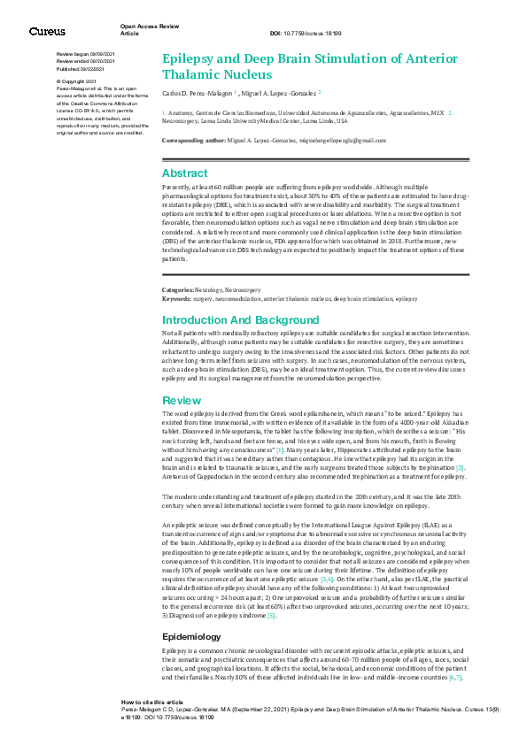 (PDF) Epilepsy and Deep Brain Stimulation of Anterior Thalamic Nucleus