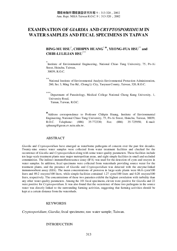 (PDF) Examination of Giardia and Cryptosporidium in water samples and ...