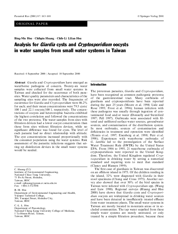 (PDF) Analysis for Giardia cysts and Cryptosporidium oocysts in water ...