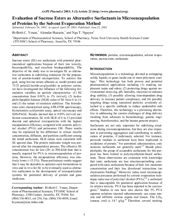 (PDF) Evaluation of sucrose esters as alternative surfactants in ...