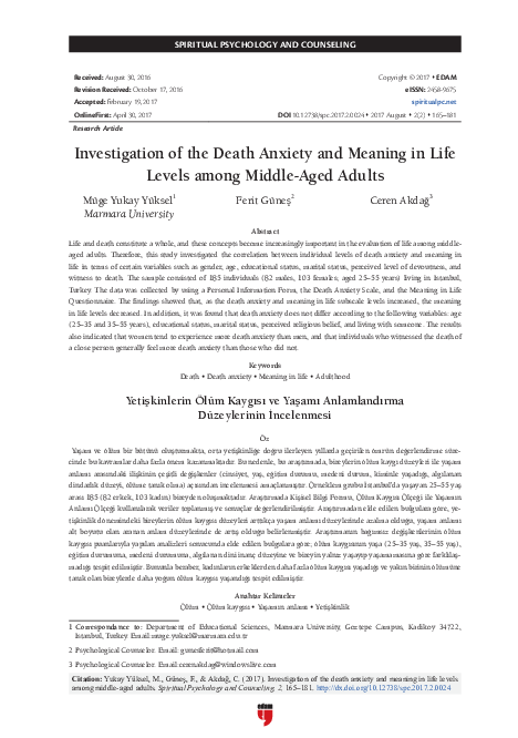 (PDF) Investigation of the Death Anxiety and Meaning in Life Levels ...