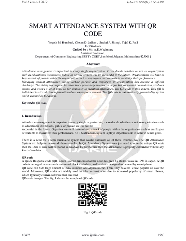 (PDF) Smart Attendance System With QR Code