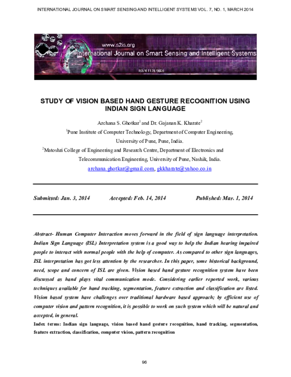 (PDF) Study Of Vision Based Hand Gesture Recognition Using Indian Sign Language aaghotkar
