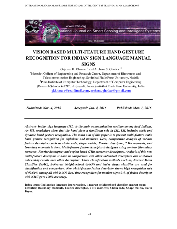 (PDF) Vision Based Multi-Feature Hand Gesture Recognition For Indian ...