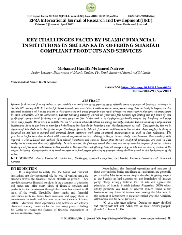 (PDF) Key Challenges Faced by Islamic Financial Institutions in Sri ...