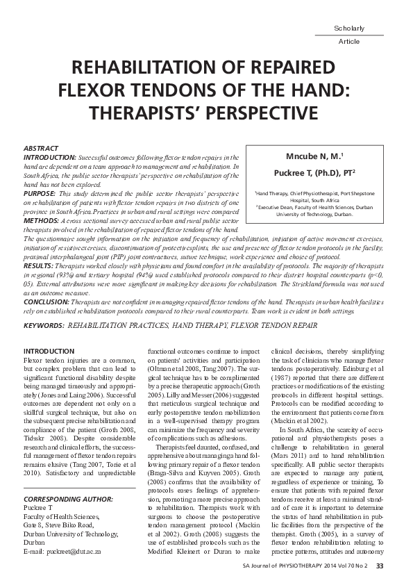 (PDF) Rehabilitation of repaired Flexor Tendons of the Hand: Therapists ...