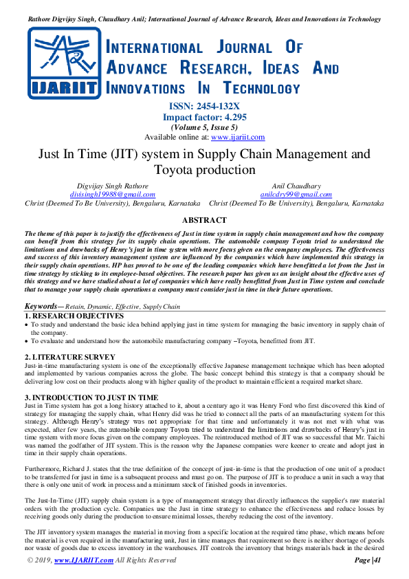 (PDF) Just In Time (JIT) system in Supply Chain Management and Toyota ...