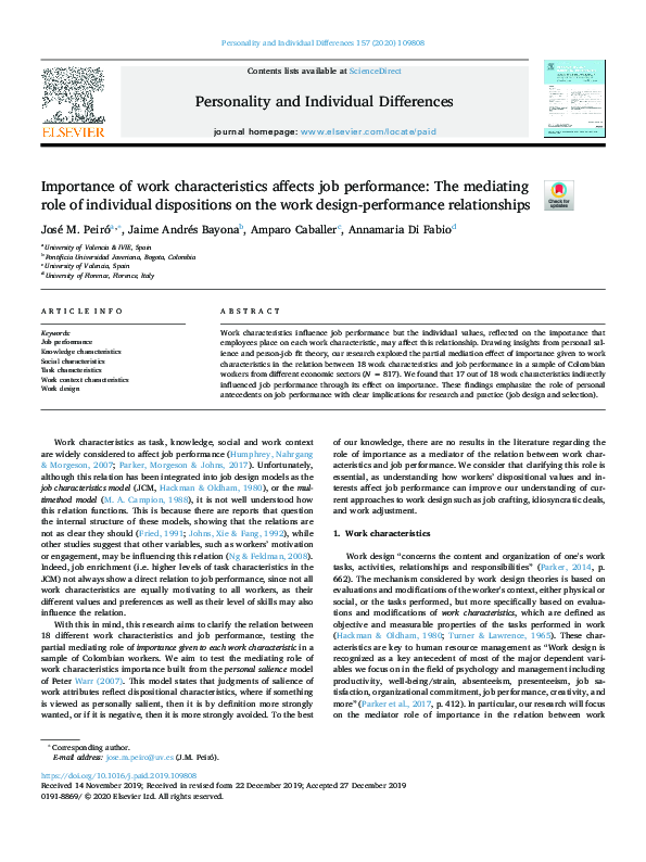 (PDF) Importance of work characteristics affects job performance: The ...