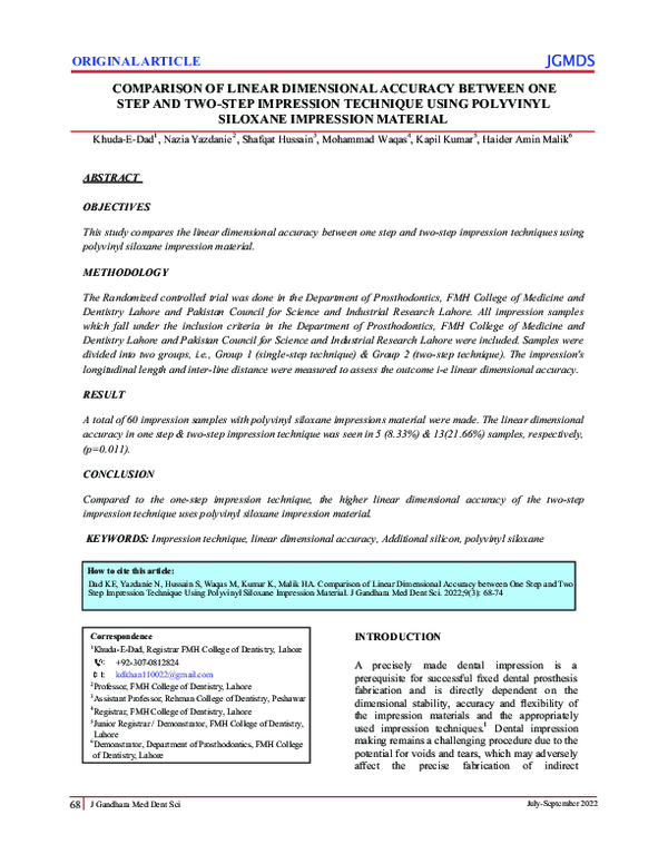 (PDF) Comparison of Linear Dimensional Accuracy Between One Step and Twostep Impression