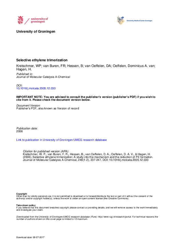 (PDF) Selective ethylene trimerization: A study into the mechanism and ...