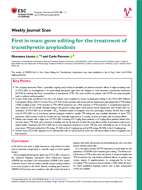 (PDF) First in man: gene editing for the treatment of transthyretin ...