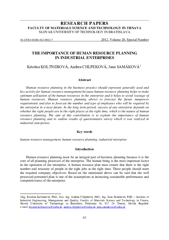 (PDF) The Importance of Human Resource Planning in Industrial Enterprises